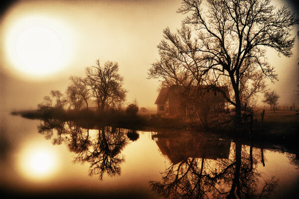 Serene dawn at Bessie's Creek with mirrored tree reflections in still water by Ken Osborne