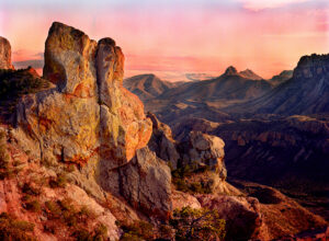 "Desert Dawn" - The warm sunrise over Big Bend's iconic cliffs captured in vibrant hues.