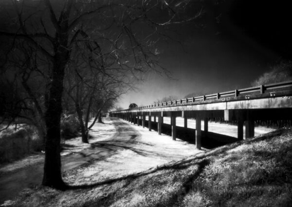 Infrared image of a pathway running alongside a bridge, bordered by leafless trees under a radiant sky.