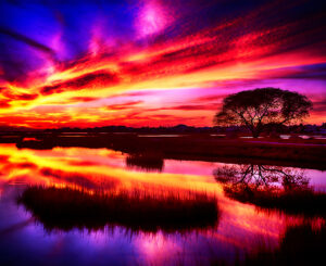 Crimson Reflections - Vibrant Sunset Over Galveston Waters with Tree Silhouette