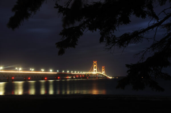 The Mackinaw Bridge glowing at twilight in Ken Osborne's photograph