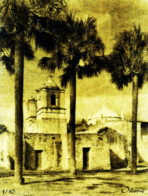 Gold-toned San Antonio mission with palm trees by Ken Osborne, merging history with golden splendor.