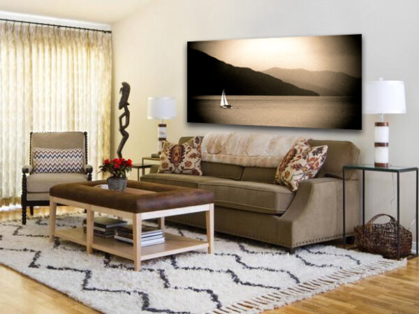 Elegant living room featuring 'Solitude at Dusk' artwork