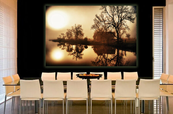 "Reflections at Bessie's Creek" by Ken Osborne elegantly displayed in a modern dining room