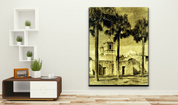 "Golden Mission Sentinels" art infusing the room with the timeless elegance of historic architecture.