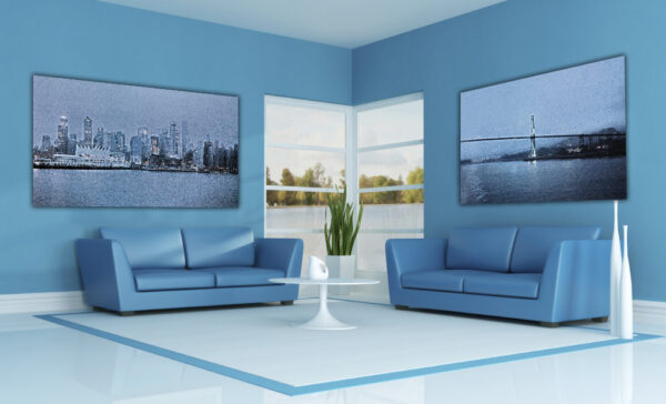 A serene exhibit of "Metropolitan Mist" and "Evening Hush Over Lions Gate" displayed in a chic, modern interior, showcasing the contrast between urban energy and tranquil evenings.